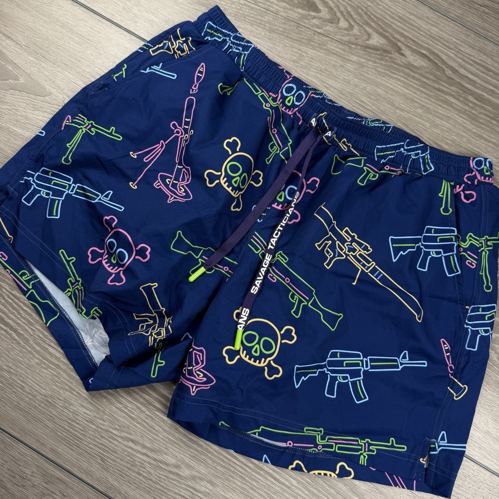Savage Tacticians Men's Skull Guns Pattern Lined Swim Trunks Blue Size Large